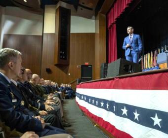 Secretary of War Pete Hegseth delivers remarks during a War Department address at Marine Corps Base Quantico, Va., Sept. 30, 2025.