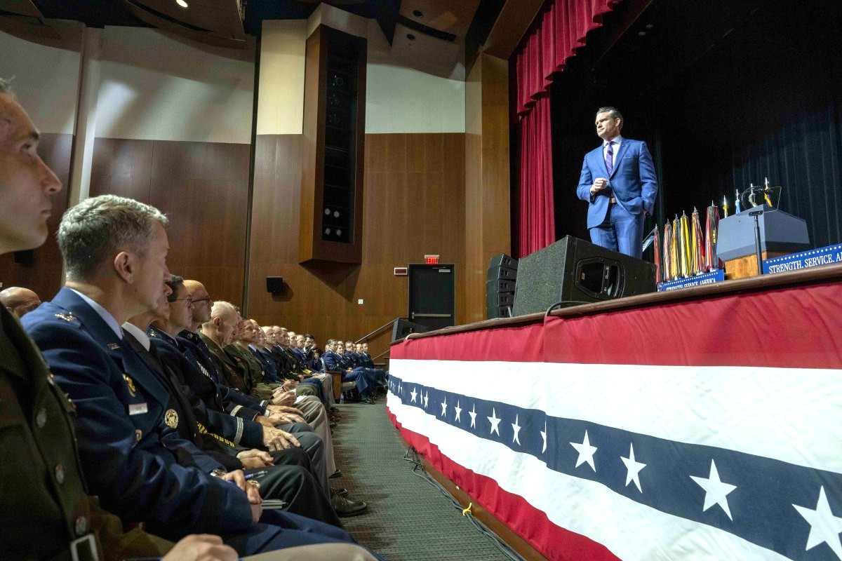 Secretary of War Pete Hegseth delivers remarks during a War Department address at Marine Corps Base Quantico, Va., Sept. 30, 2025.