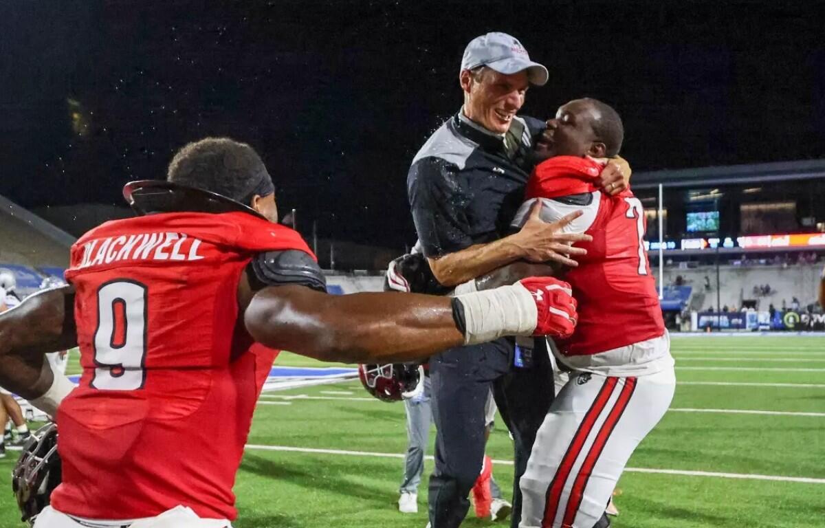 Austin Peay State University coach Jeff Faris celebrates the win over MTSU on Aug. 30, 2025. (Preston Ludwick/APSU, contributed)