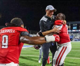 Austin Peay State University coach Jeff Faris celebrates the win over MTSU on Aug. 30, 2025. (Preston Ludwick/APSU, contributed)