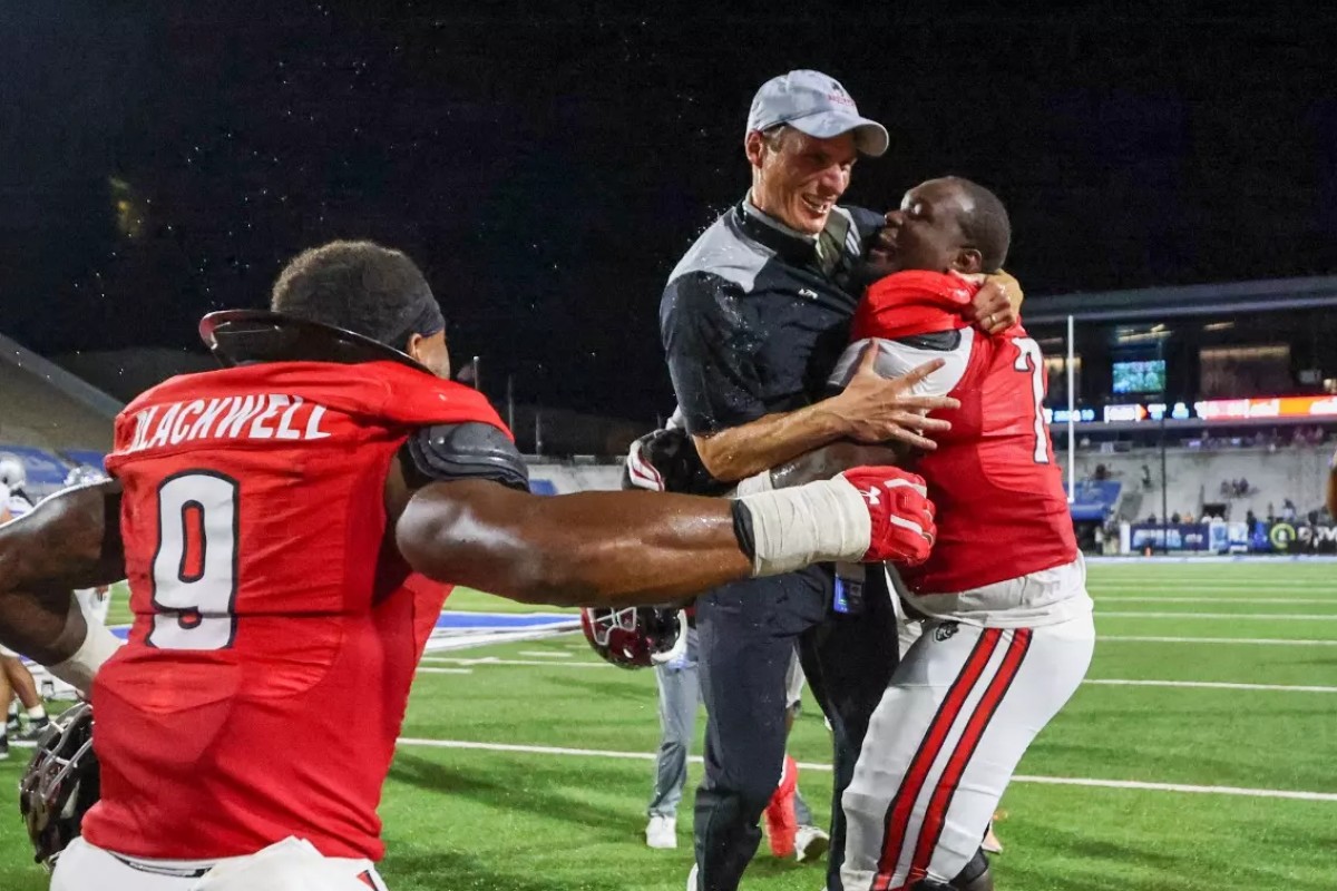 Austin Peay State University coach Jeff Faris celebrates the win over MTSU on Aug. 30, 2025. (Preston Ludwick/APSU, contributed)