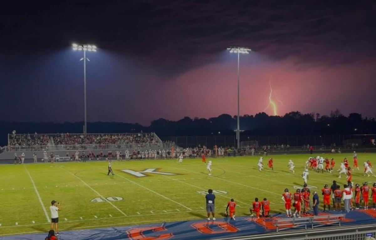 A lightning blast during the Kirkwood High School football game on Sept. 19, 2025. (Melissa Dillman, contributed)