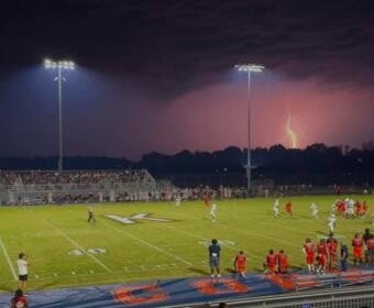 A lightning blast during the Kirkwood High School football game on Sept. 19, 2025. (Melissa Dillman, contributed)