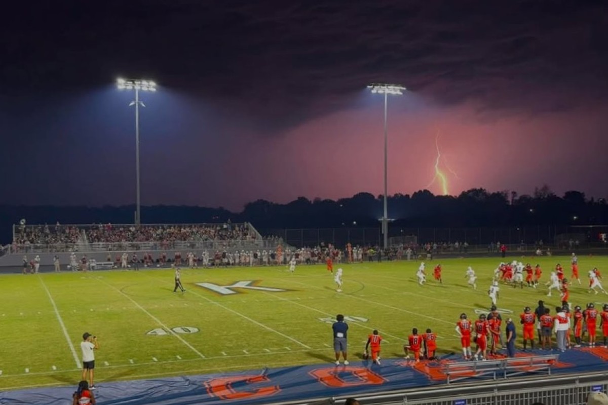 A lightning blast during the Kirkwood High School football game on Sept. 19, 2025. (Melissa Dillman, contributed)