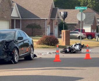 A motorcycle and car crashed on Tylertown Road on Sept. 3, 2025. (Dash 10 Media)