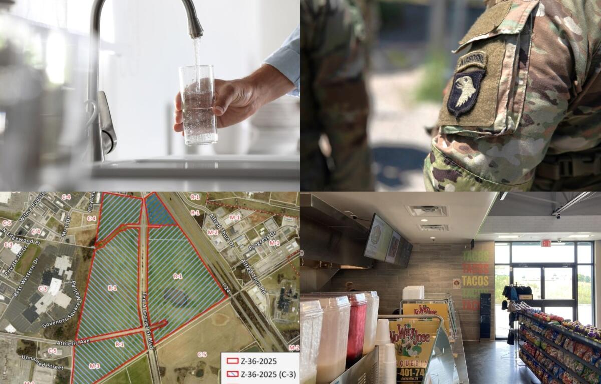 Clockwise from the top left, tap water flavor, 101st Airborne Division deployment, No Way Jose #1 Taqueria, and major retail planning.