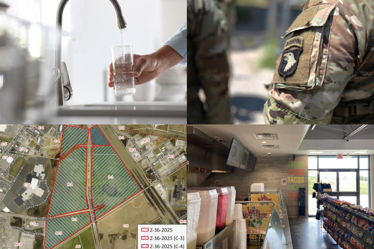 Clockwise from the top left, tap water flavor, 101st Airborne Division deployment, No Way Jose #1 Taqueria, and major retail planning.