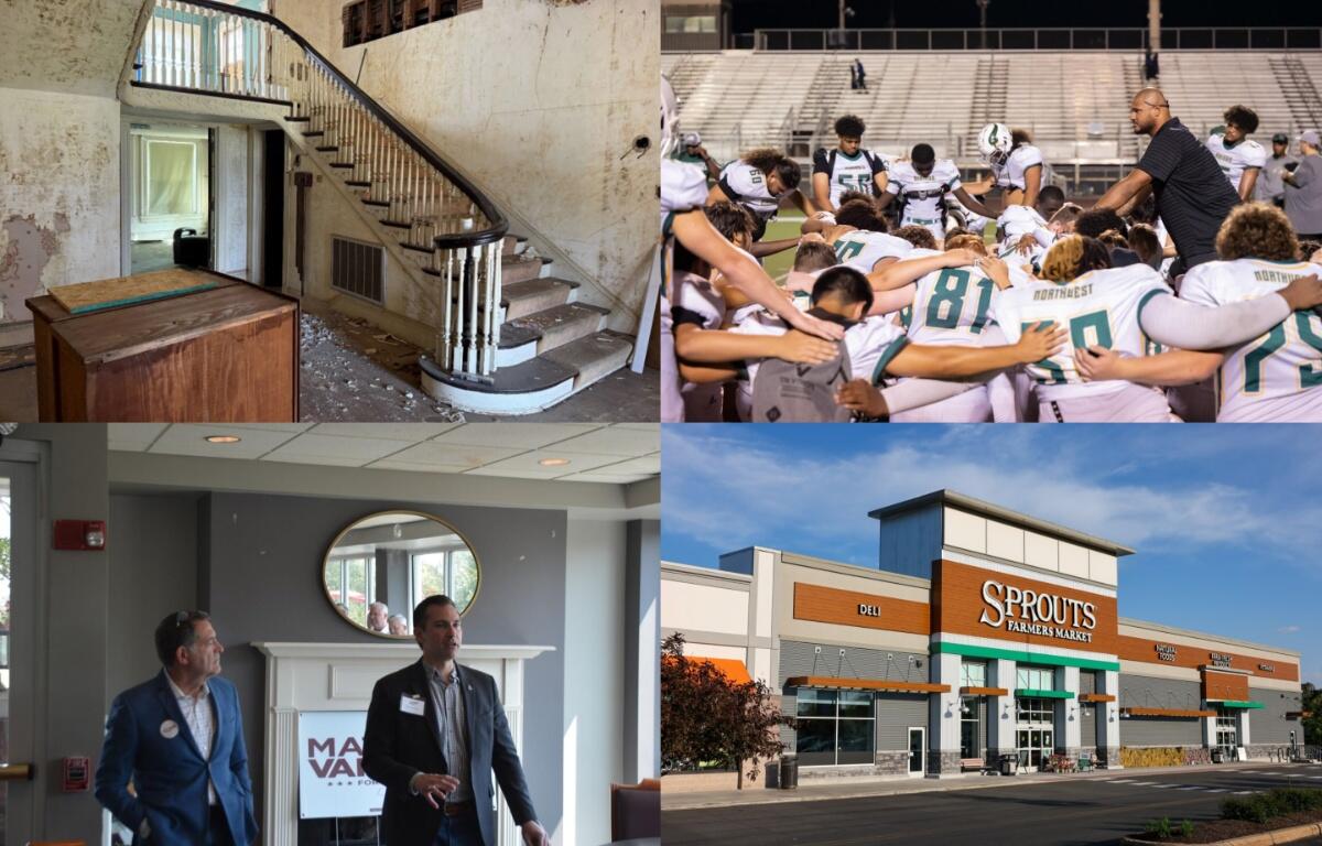 Clockwise from the top left, the Dunlop House, Northwest High prayer, Sprouts, Mark Green with Matt Van Epps.