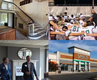 Clockwise from the top left, the Dunlop House, Northwest High prayer, Sprouts, Mark Green with Matt Van Epps.