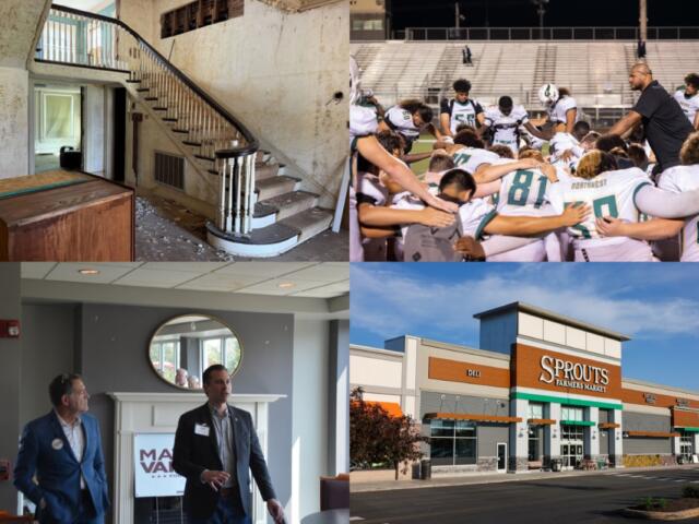 Clockwise from the top left, the Dunlop House, Northwest High prayer, Sprouts, Mark Green with Matt Van Epps.