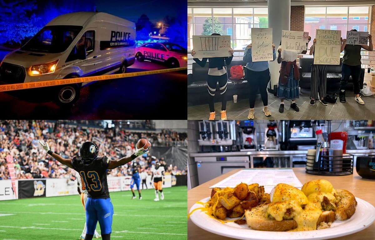 Clockwise from the top left, crime in Clarksville, APSU Faculty Senate protest, Eggs Up Grill, and Nashville Kats.