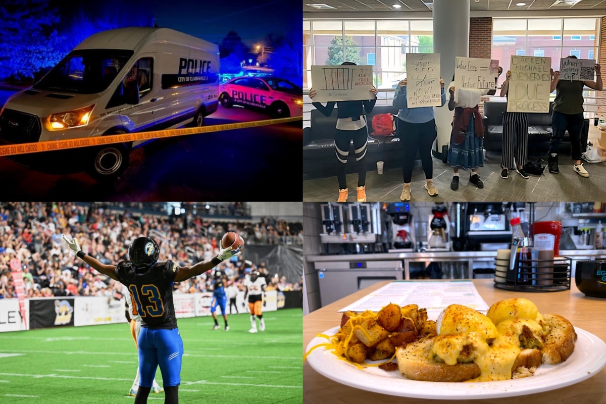 Clockwise from the top left, crime in Clarksville, APSU Faculty Senate protest, Eggs Up Grill, and Nashville Kats.