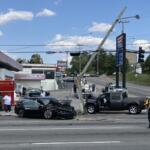 Two vehicles crashed and damaged a utility pole on Riverside Drive on Sept. 12, 2025. (Chris Smith)