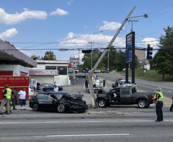 Two vehicles crashed and damaged a utility pole on Riverside Drive on Sept. 12, 2025. (Chris Smith)