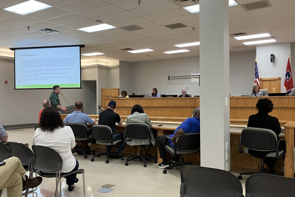 CMCSS Chief Communications Officer Anthony Johnson presents information to the School Board on the expansion of middle school sports on Sept. 9, 2025. (Chris Smith)