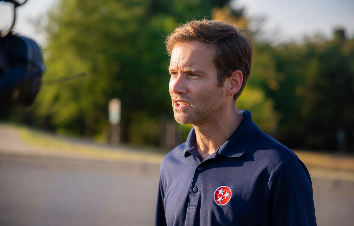 Congressional candidate Tres Wittum speaks at the “Friday Night Lights for Faith” gathering outside Montgomery Central High School on September 12, 2025. (Wesley Irvin)