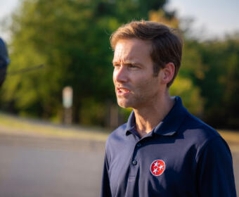 Congressional candidate Tres Wittum speaks at the “Friday Night Lights for Faith” gathering outside Montgomery Central High School on September 12, 2025. (Wesley Irvin)