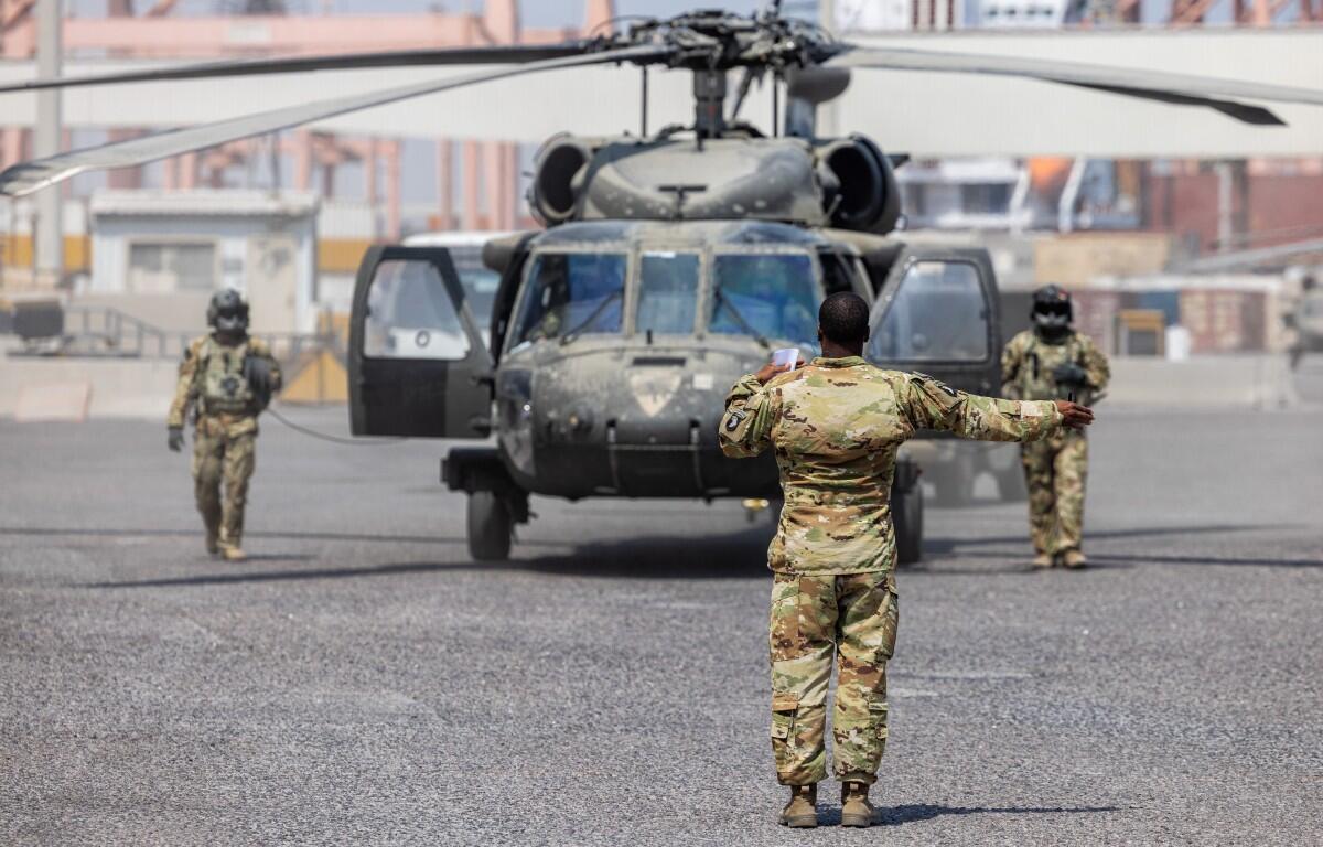 Soldiers with the 101st Combat Aviation Brigade, 101st Airborne Division, conduct Black Hawk helicopter operations at the Port of Shuaiba on Sept. 20, 2025. (U.S. Army photo by Joseph Kumzak)