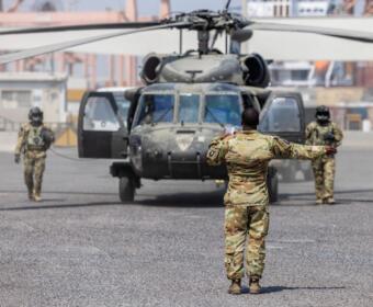 Soldiers with the 101st Combat Aviation Brigade, 101st Airborne Division, conduct Black Hawk helicopter operations at the Port of Shuaiba on Sept. 20, 2025. (U.S. Army photo by Joseph Kumzak)