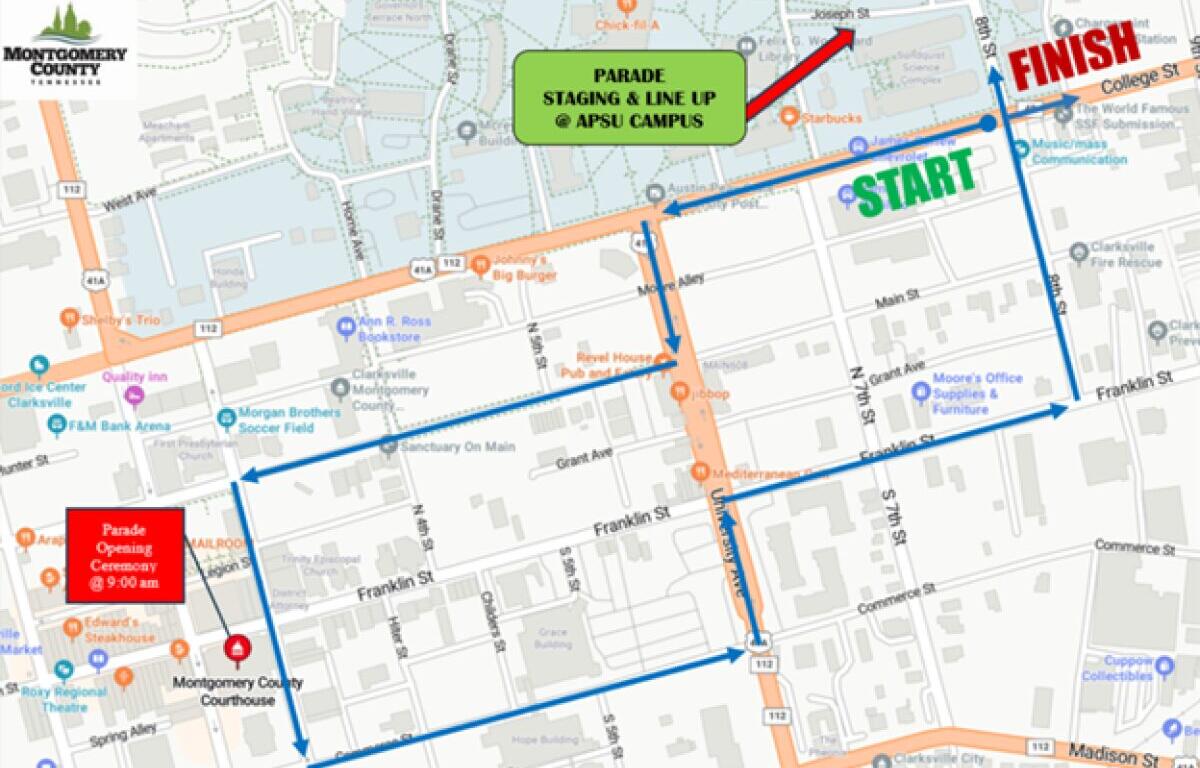 Clarksville-Montgomery County Veterans Day parade route for Nov. 8, 2025. (Contributed)