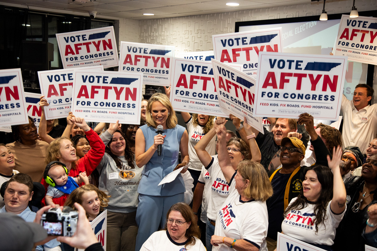 Aftyn Behn and her supporters celebrate her win as the Democratic primary winner in the special election for Congress District 7 during Behn's watch party at the Gray Fox Bar & Lounge, Oct. 7, 2025. (Jordan Renfro)