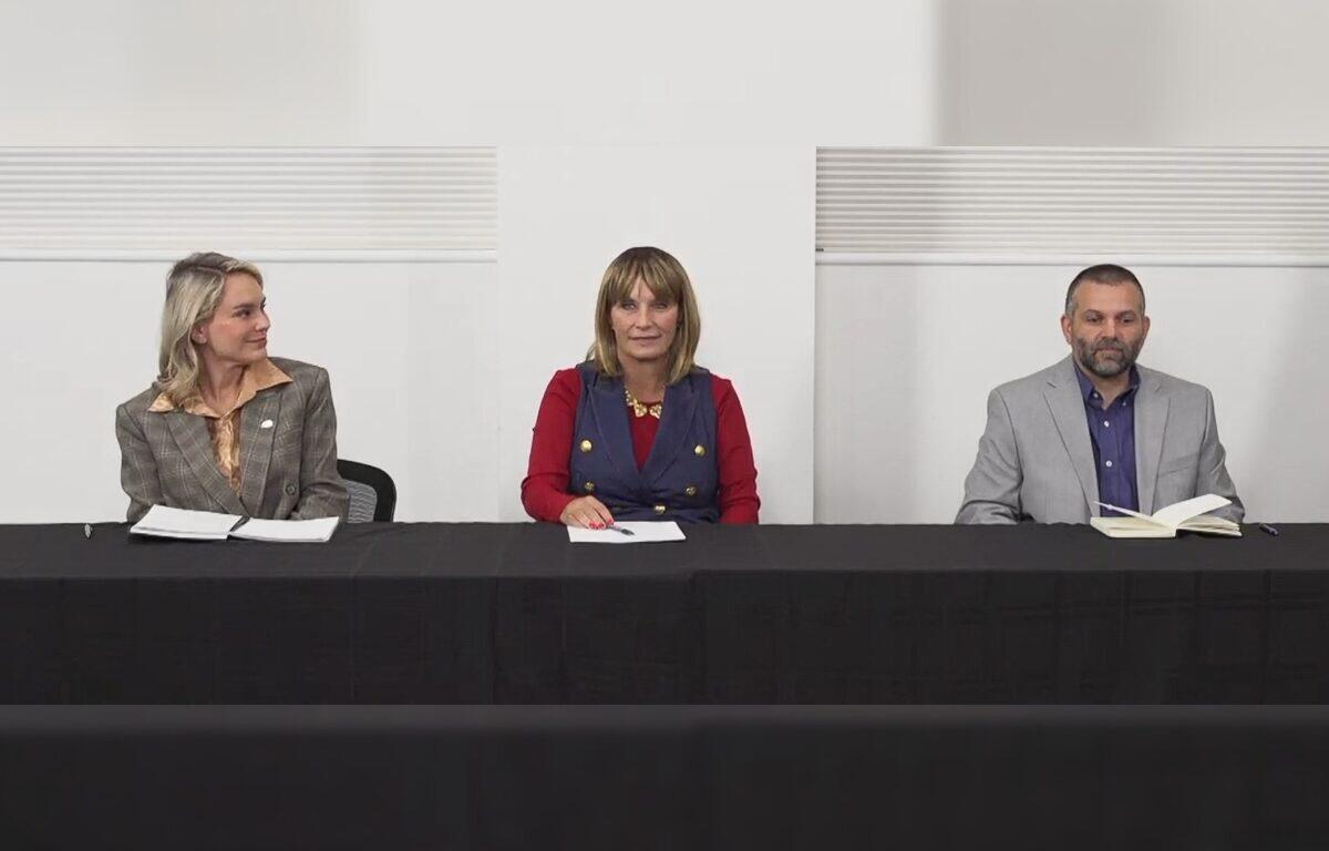 From the left, state Rep. Aftyn Behn, Teresa Christie and Jonathan Thorp at the Chamber of Commerce forum for Congressional candidates on Oct. 23, 2025.