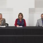 From the left, state Rep. Aftyn Behn, Teresa Christie and Jonathan Thorp at the Chamber of Commerce forum for Congressional candidates on Oct. 23, 2025.