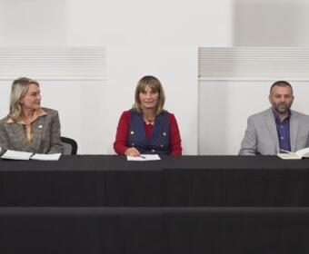 From the left, state Rep. Aftyn Behn, Teresa Christie and Jonathan Thorp at the Chamber of Commerce forum for Congressional candidates on Oct. 23, 2025.