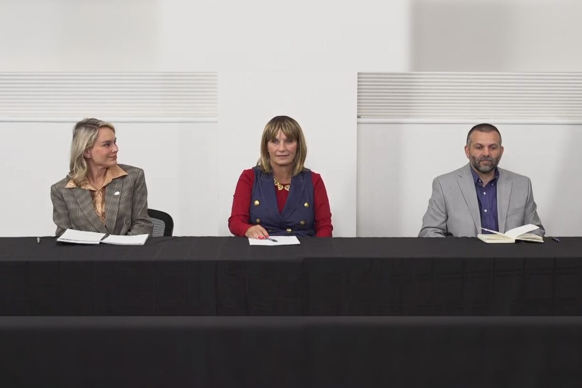 From the left, state Rep. Aftyn Behn, Teresa Christie and Jonathan Thorp at the Chamber of Commerce forum for Congressional candidates on Oct. 23, 2025.