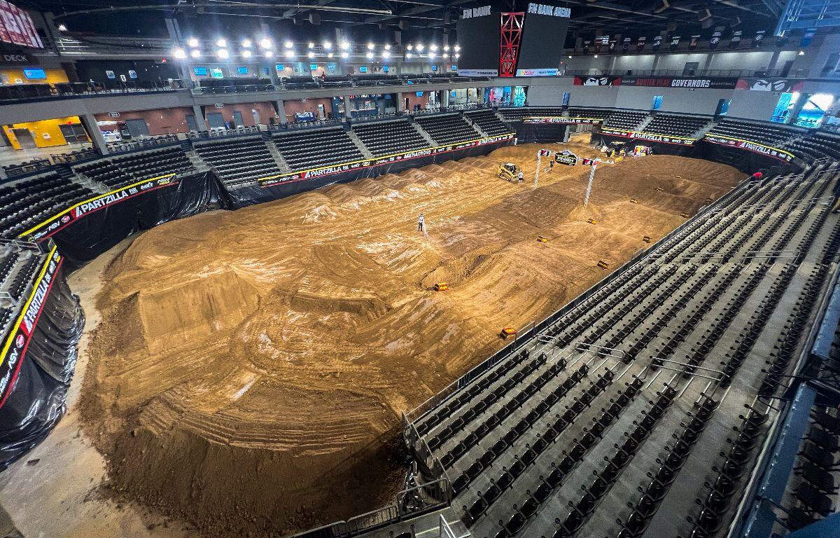 F&M Bank Arena prepares dirt track ahead of the AMA Partzilla Arenacross on October 17, 2025. (Wesley Irvin)