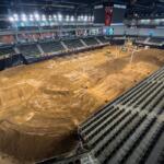 F&M Bank Arena prepares dirt track ahead of the AMA Partzilla Arenacross on October 17, 2025. (Wesley Irvin)