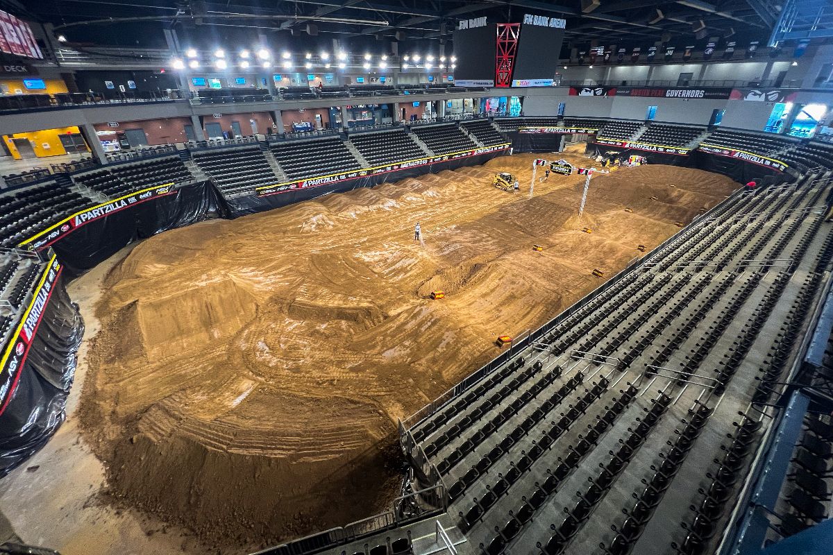 F&M Bank Arena prepares dirt track ahead of the AMA Partzilla Arenacross on October 17, 2025. (Wesley Irvin)