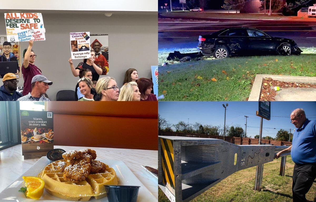 Clockwise from the top left, School Board immigration debate, THP chase crash, Gary the Guardrail and Keke's Breakfast Cafe.