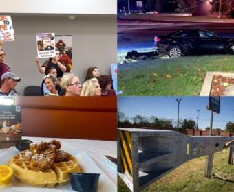 Clockwise from the top left, School Board immigration debate, THP chase crash, Gary the Guardrail and Keke's Breakfast Cafe.