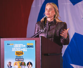 Aftyn Behn speaks at the Blue South Banquet at the Emerald Clarksville on November 14, 2025. (Wesley Irvin)