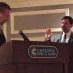 Jeff Burkhart is sworn in as president of the Tennessee Home Builders Association in 2015, by then-67th District State Rep. Joe Pitts. (Contributed)