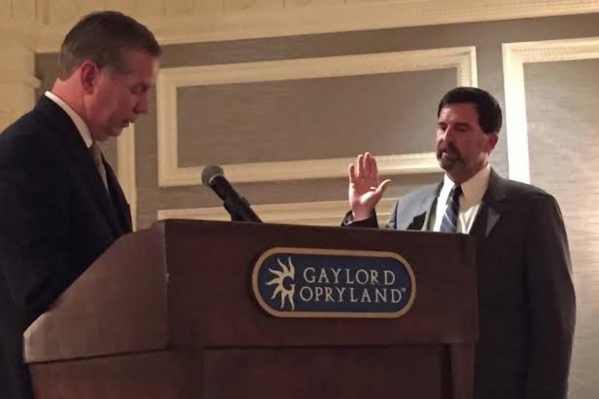 Jeff Burkhart is sworn in as president of the Tennessee Home Builders Association in 2015, by then-67th District State Rep. Joe Pitts. (Contributed)