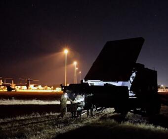 U.S. Army Soldiers from 1st Battalion, 1st Air Defense Artillery Regiment, 38th Air Defense Artillery Brigade emplace a Patriot radar system under night conditions, July 19, 2025. (Contributed by U.S. Army)