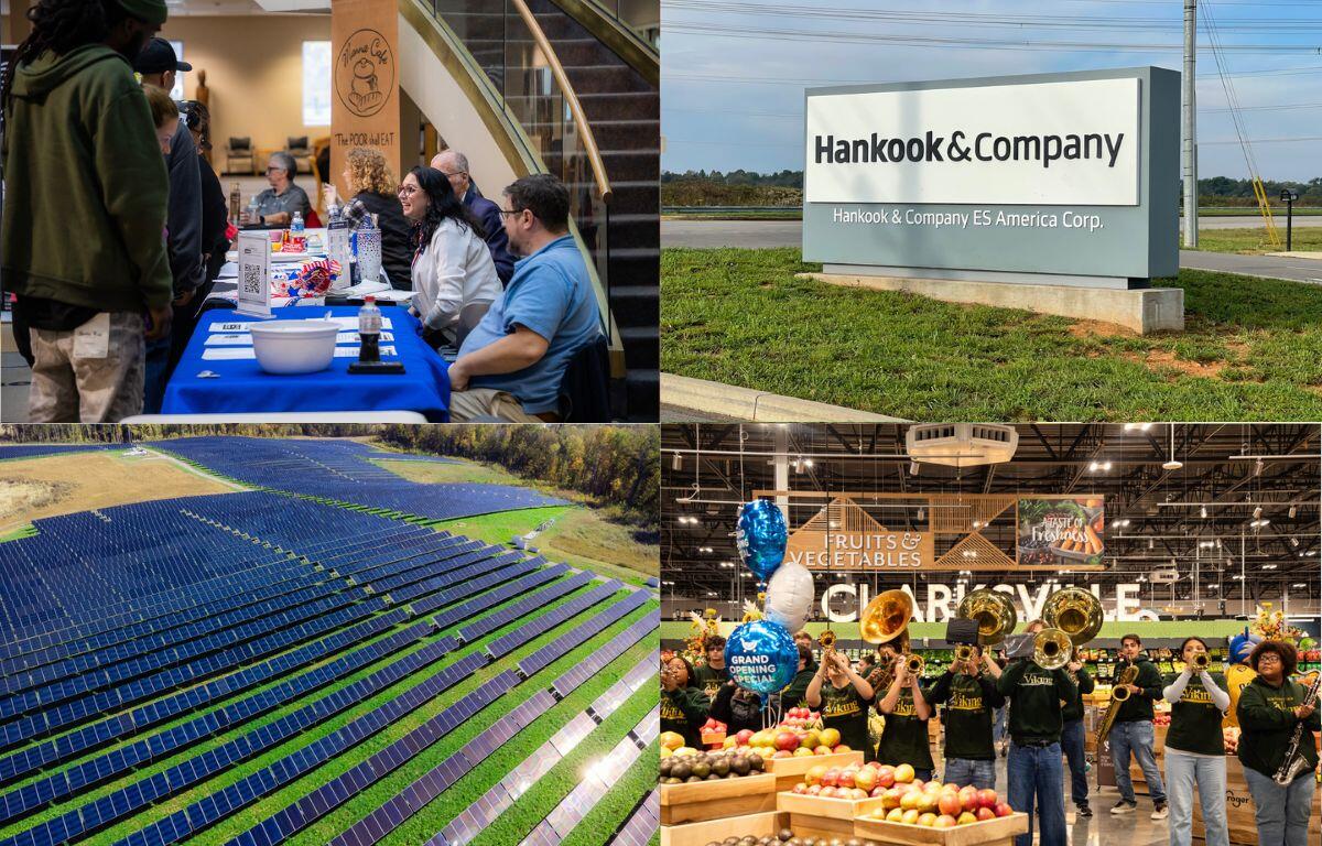 Clockwise from the top left, government shutdown relief, Hankook battery plant, Kroger Marketplace, solar farm in Clarksville.