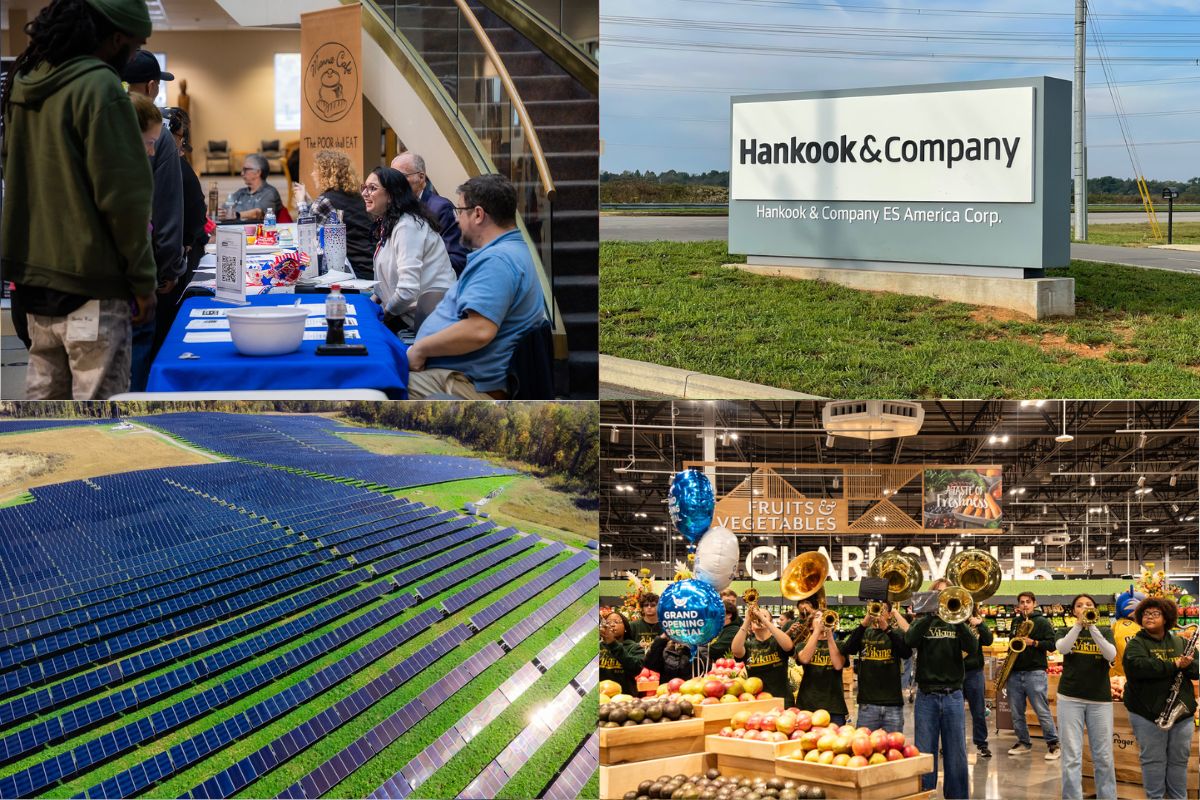 Clockwise from the top left, government shutdown relief, Hankook battery plant, Kroger Marketplace, solar farm in Clarksville.