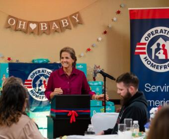 Tennessee First Lady Maria Lee, left, chats with new and expectant parents during the Operation Homefront event on Nov. 4, 2025, in Clarksville. (Operation Homefront, contributed)