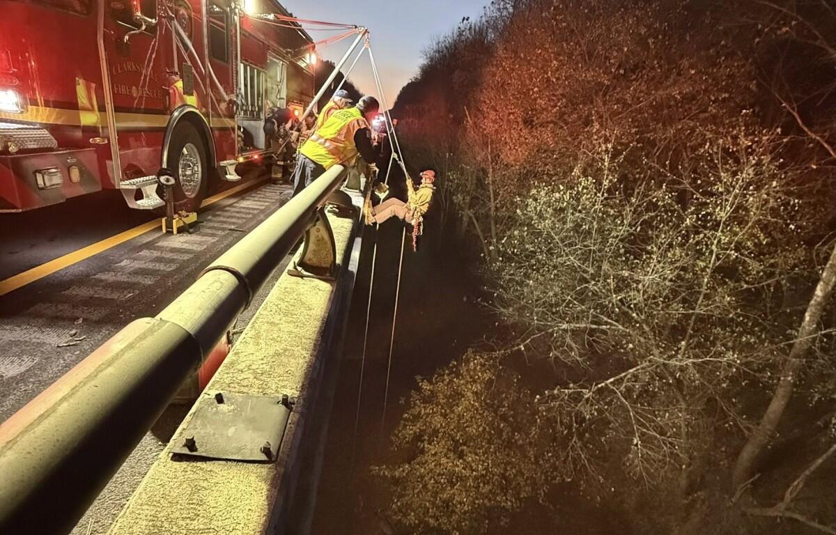 Clarksville Fire Rescue crews respond to a crash into the Red River at Interstate 24 on Nov. 13, 2025. (CFR, contributed)