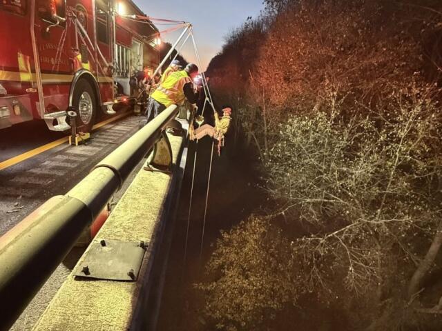 Clarksville Fire Rescue crews respond to a crash into the Red River at Interstate 24 on Nov. 13, 2025. (CFR, contributed)