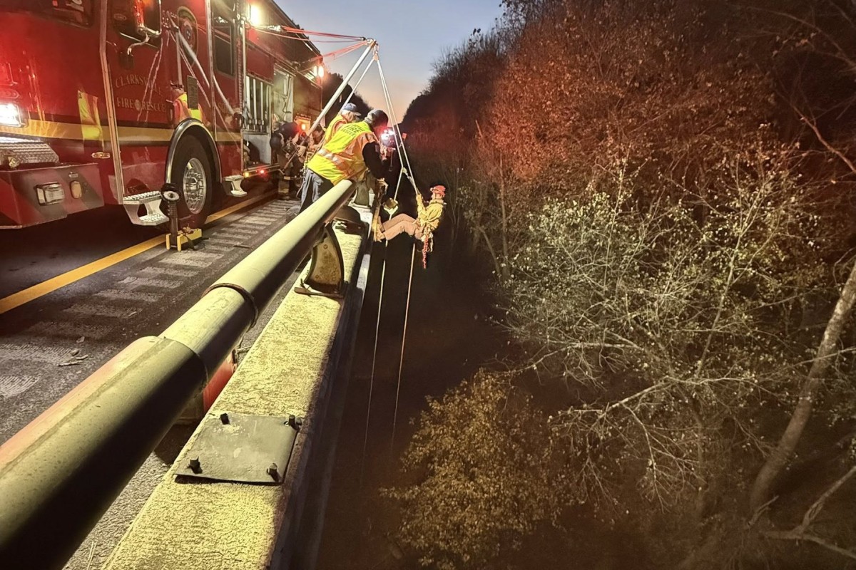 Clarksville Fire Rescue crews respond to a crash into the Red River at Interstate 24 on Nov. 13, 2025. (CFR, contributed)