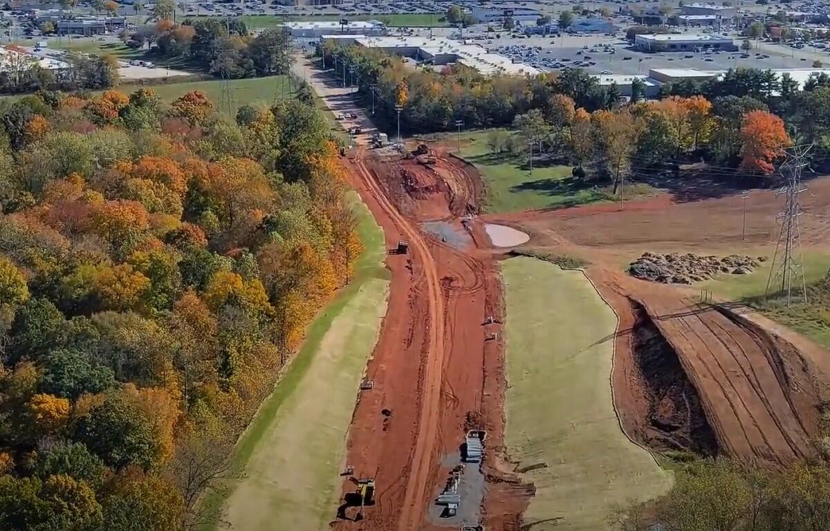 Progress on Spring Creek Parkway, where it will meet North Edgewood Place behind Kohls, right, and Walmart, left, on Nov. 17, 2025. (City of Clarksville, contributed)