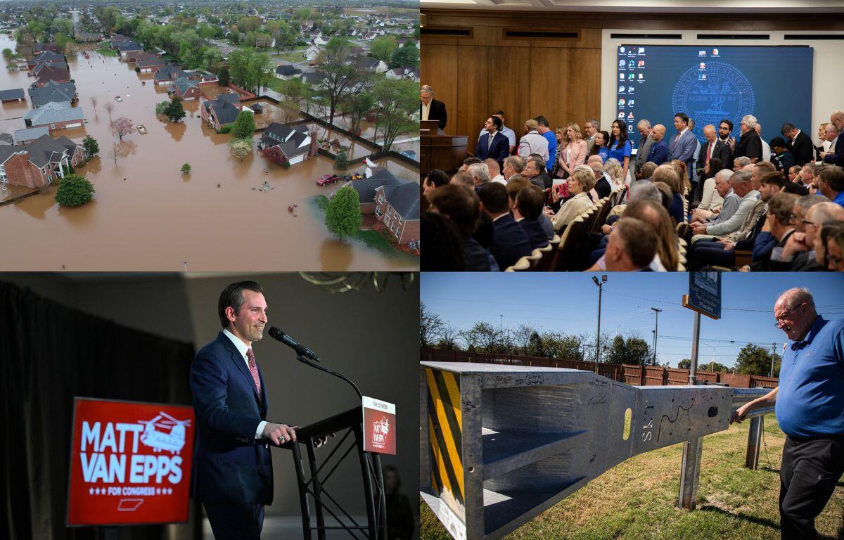 Clockwise from the top left, Woodstock flooding, state hospital hearing, Gary the Guardrail and Matt Van Epps.