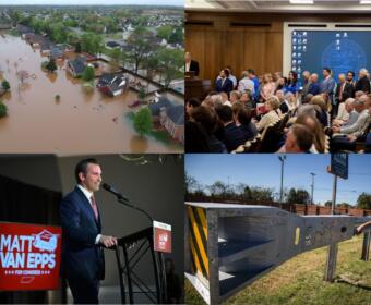Clockwise from the top left, Woodstock flooding, state hospital hearing, Gary the Guardrail and Matt Van Epps.
