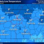 Lows expected Monday morning in Middle Tennessee, as of Dec. 11, 2025. (National Weather Service, contributed)