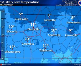 Lows expected Monday morning in Middle Tennessee, as of Dec. 11, 2025. (National Weather Service, contributed)