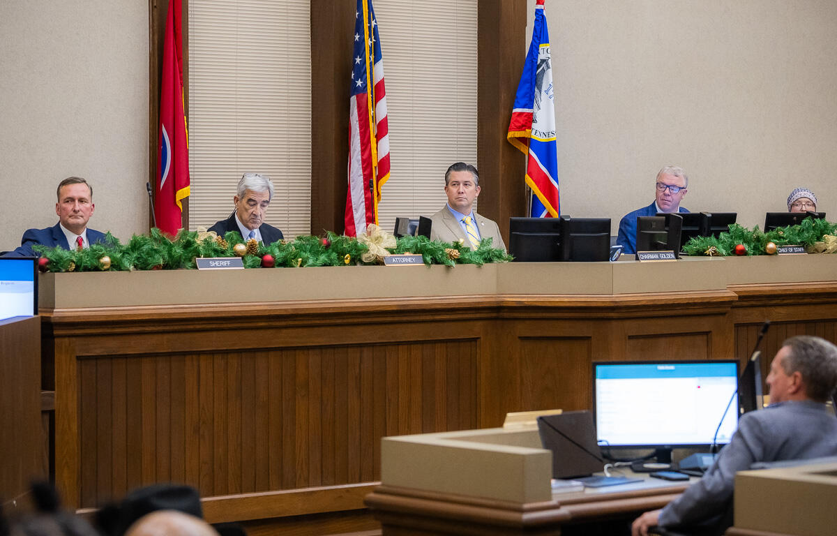 Sheriff John Fuson, County Attorney Tim Harvey, Mayor Wes Golden and Chief of Staff Lee Harrell at the Montgomery County Commission on December 8, 2025. (Wesley Irvin)